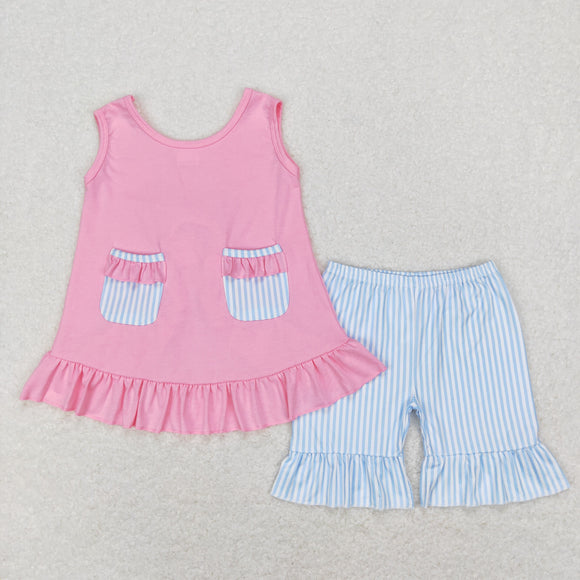Blue Stripe Bow Pink Girls Shorts Sets
