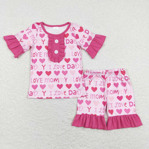 I Love Mommy Daddy Pink Girls Short Sleeve Pajamas