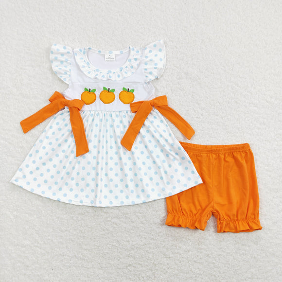 Orange Bows Polka Dots White Girls Shorts Sets