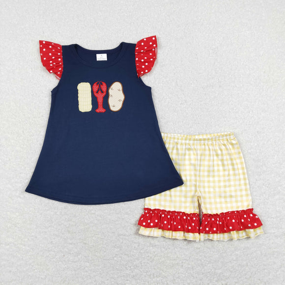 Corn Crawfish Red Ruffles Navy Girls Shorts Sets