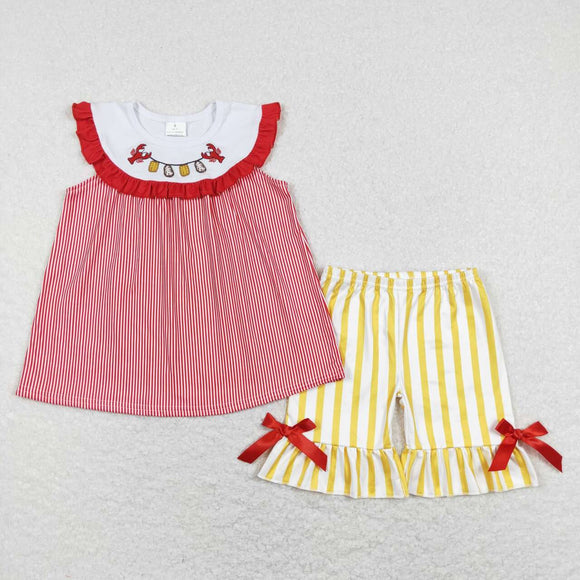 Corn Crawfish Stripe Red Ruffles Girls Shorts Sets
