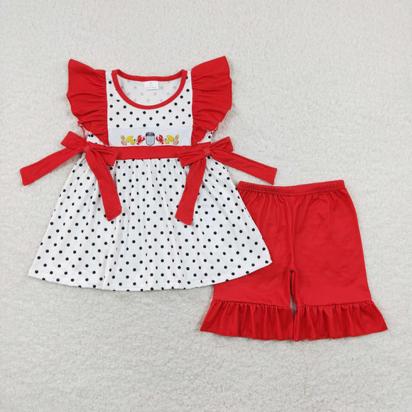 Corn Crawfish Polka Dots Red Ruffles Bows Girls Shorts Sets