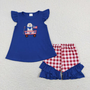 Dog Stars Trolley Red Plaid Blue Girls 4th of July Outfits