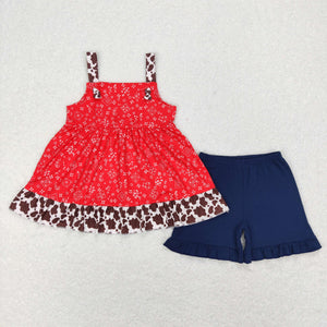 Cowhide Print Red Navy Girls Shorts Sets