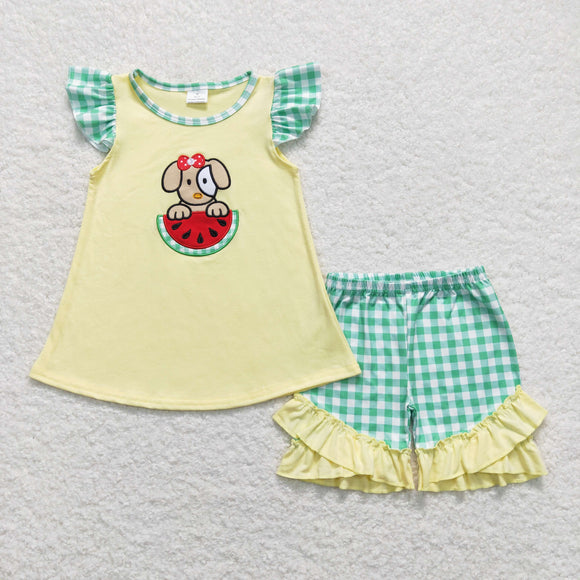 Watermelon Dog Yellow Girls Shorts Sets
