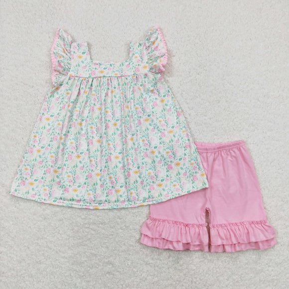 Floral Pink Ruffles Girls Shorts Sets