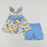 Floral Blue Ruffles Girls Shorts Sets