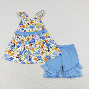 Floral Blue Ruffles Girls Shorts Sets