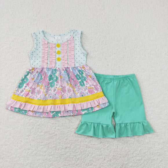 Floral Pink Ruffles Green Girls Shorts Sets