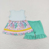 Floral Pink Ruffles Green Girls Shorts Sets