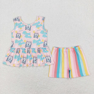 Beach Babe Bus Pink Stripe Girls Shorts Sets