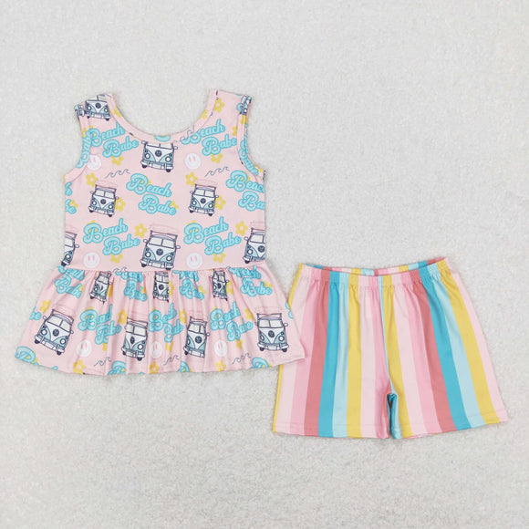 Beach Babe Bus Pink Stripe Girls Shorts Sets