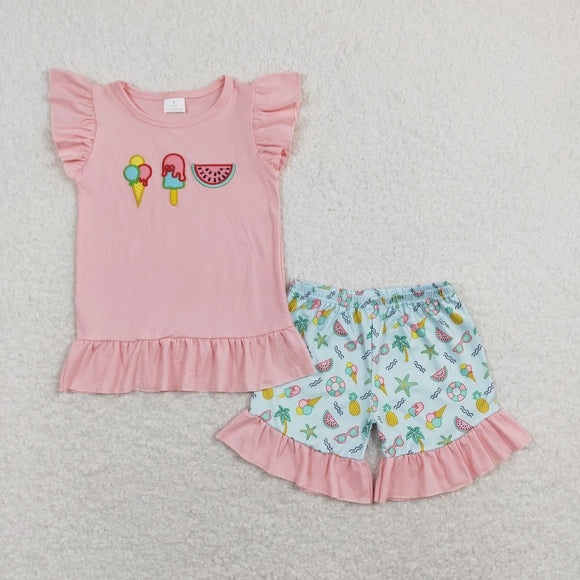 Ice Cream Watermelon Pink Girls Shorts Sets