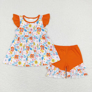 Floral Orange Girls Shorts Sets