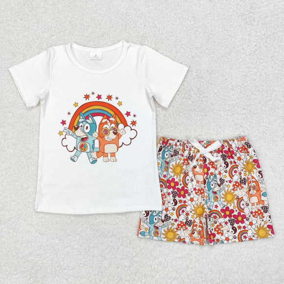 Cartoon Dogs Rainbow White Girls Shorts Sets