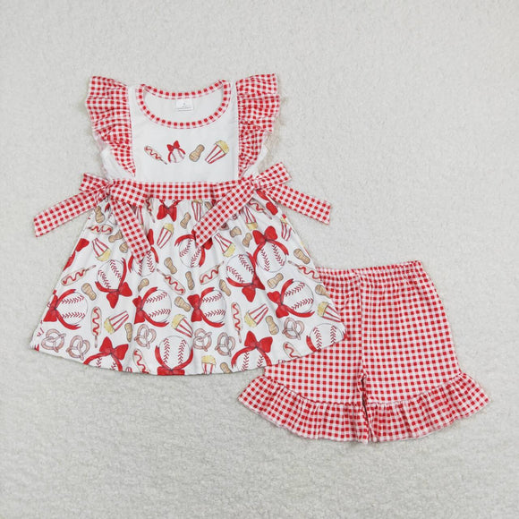 Baseball Red Plaid Ruffles Girls Shorts Sets