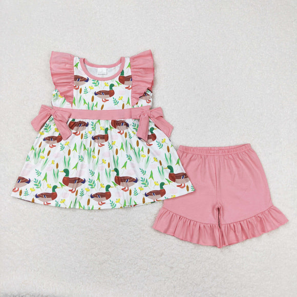 Duck Pink Ruffles White Girls Shorts Sets