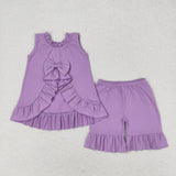 Solid Purple Bow Girls Shorts Sets