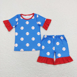 Baseball Red Ruffles Blue Girls Short Sleeve Pajamas