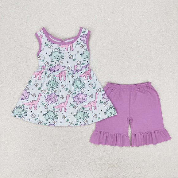 Floral Dinosaur Purple Bow Girls Shorts Sets
