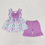 Floral Dinosaur Purple Bow Girls Shorts Sets