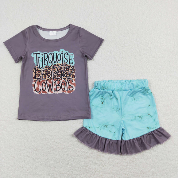 Turquoise Leopard Cowboys Gray Girls Shorts Sets