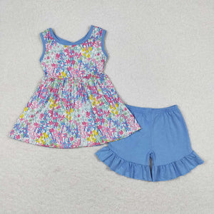 Floral Blue Bow Girls Shorts Sets