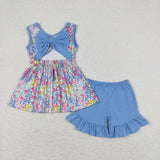 Floral Blue Bow Girls Shorts Sets