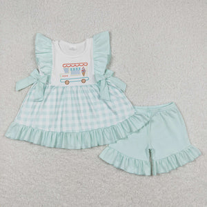 Ice Cream Truck Plaid Girls Shorts Sets