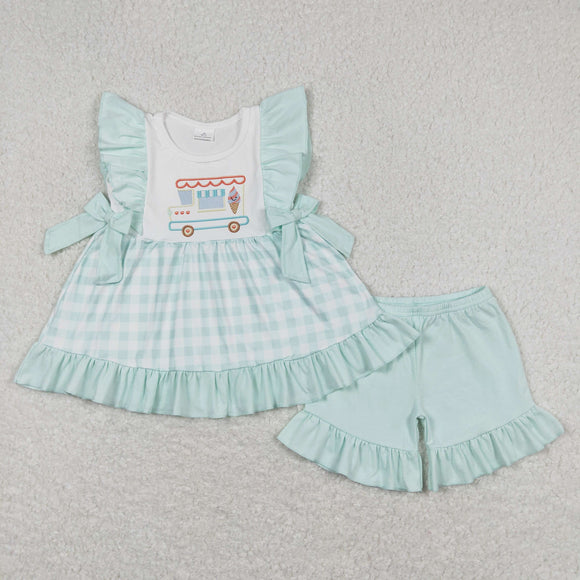 Ice Cream Truck Plaid Girls Shorts Sets
