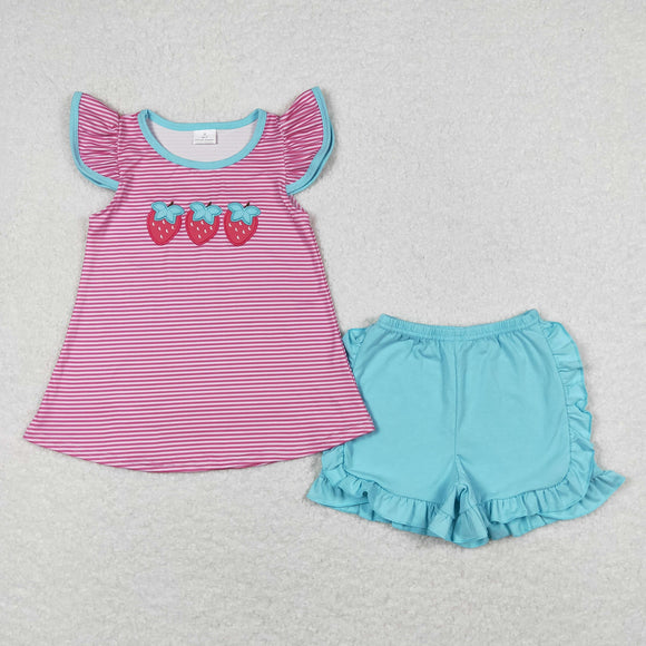 Strawberry Hot Pink Stripe Blue Girls Shorts Sets