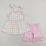 Colorful Eggs Pink Ruffles Girls Easter Outfits