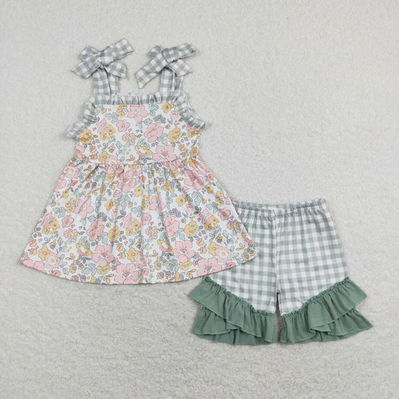 Floral Green Plaid Ruffles Girls Shorts Sets