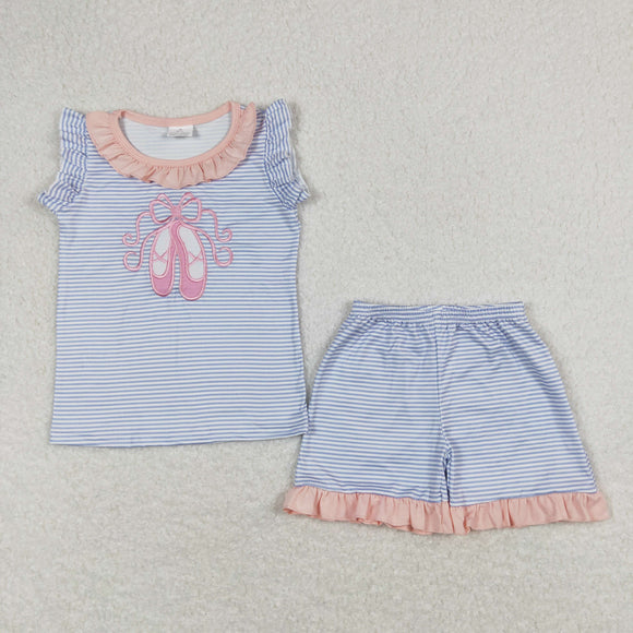 Ballet Shoes Blue Stripe Pink Ruffles Girls Shorts Sets