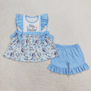 Big Sister Cartoon Dogs Floral Blue Girls Shorts Sets