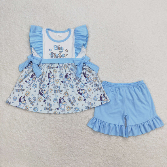 Big Sister Cartoon Dogs Floral Blue Girls Shorts Sets