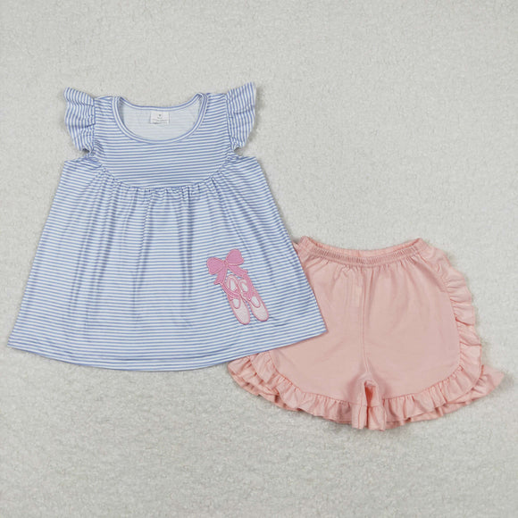 Ballet Shoes Blue Stripe Pink Girls Shorts Sets