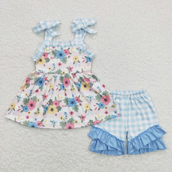 Floral Blue Plaid Ruffles Girls Shorts Sets