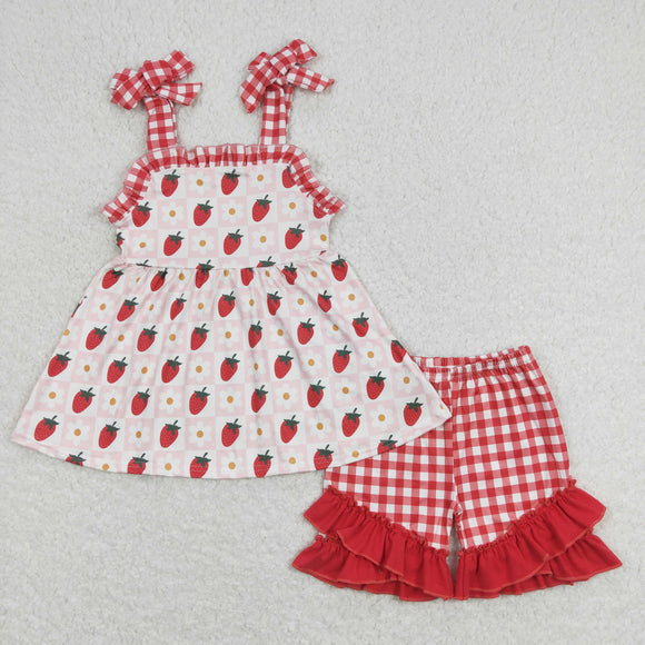 Strawberry Floral Plaid Red Ruffles Girls Shorts Sets