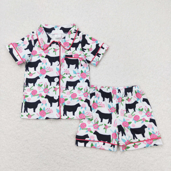 Floral Cow White Girls Short Sleeve Pajamas