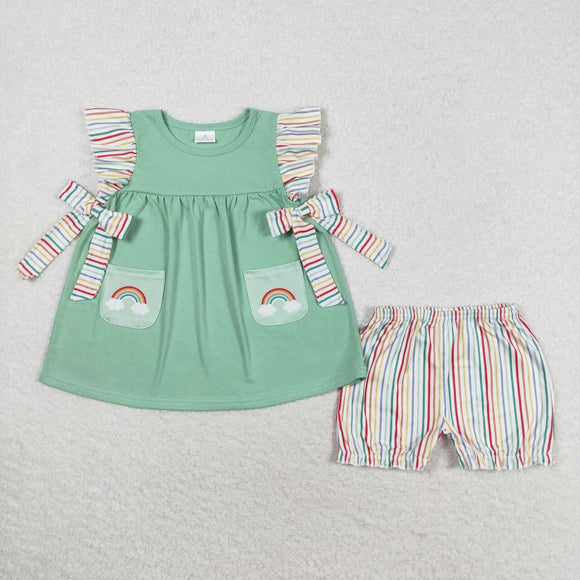 Rainbow Colorful Stripe Ruffles Girls Shorts Sets