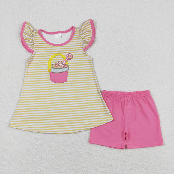Beach Bucket Yellow Stripe Hot Pink Girls Shorts Sets