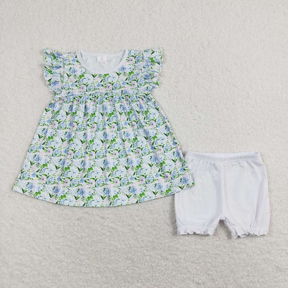 Blue Floral White Girls Shorts Sets