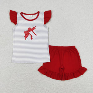 Bow Baseball Stripe Red Girls Shorts Sets