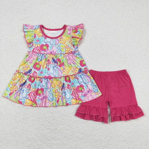 Cartoon Floral Ice Cream Hot Pink Girls Shorts Sets