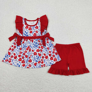 Floral Red Bows Ruffles Girls Shorts Sets