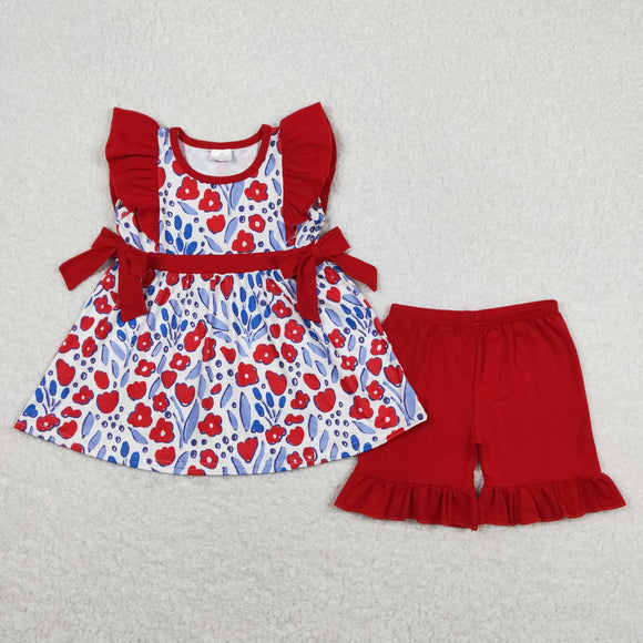 Floral Red Bows Ruffles Girls Shorts Sets