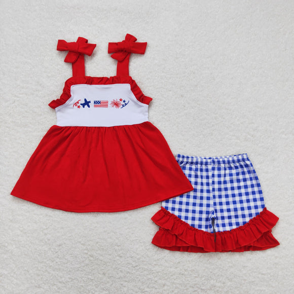 Plane Flag Firework Blue Plaid Red Girls 4th of July Outfits