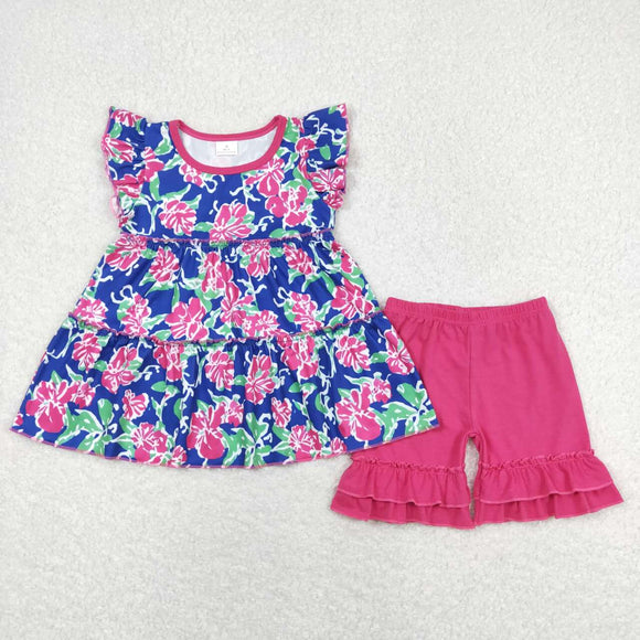 Floral Hot Pink Ruffles Blue Girls Shorts Sets