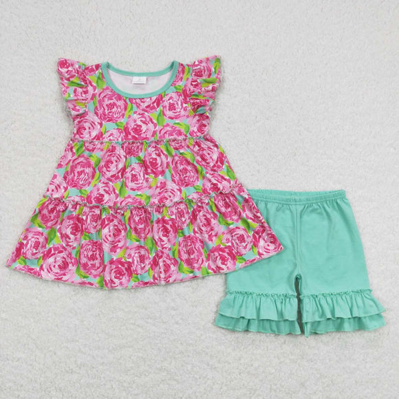 Pink Floral Green Ruffles Girls Shorts Sets